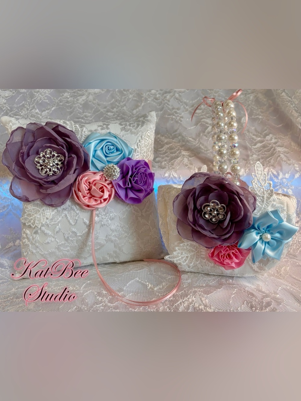 🌸 Handmade Lavender Pink and Light Blue Ring Pillow and Flower Basket Set